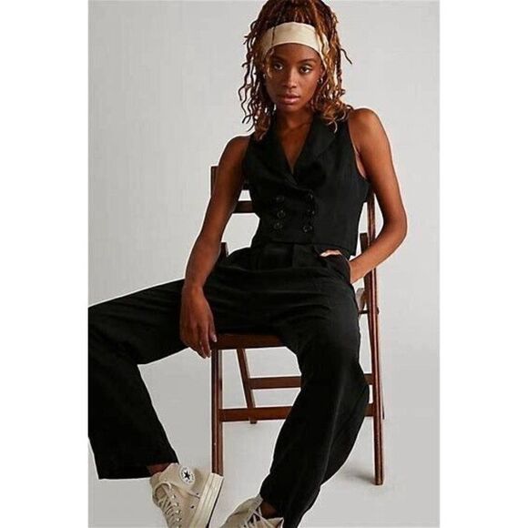 NWT FREE PEOPLE GABBIE SPRING TUX SET 2 PIECE VEST & TROUSER SET IN BLACK - Picture 1 of 4